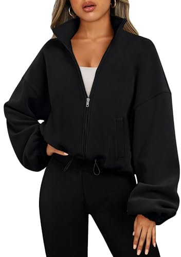 Timuspo Women's Fleece Jacket Without Hood Drawstring Hem Stand-Up Collar Sherpa Jacket with Pockets Full Zip Long Sleeve Winter Jacket Short Casual Warm Sweatshirt Plain Crop Coat, black, L
