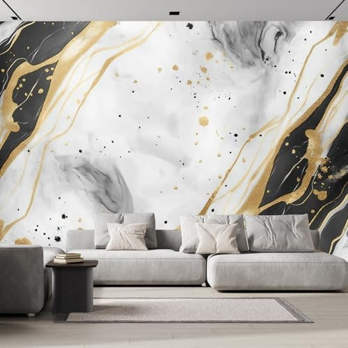 Papier Peint Panoramique Marbre Blanc Graffiti Noir Rayures Dorées 150×105 cm, Papier Peint Géant 3D Salon Chambre Salle à Manger Chambre d'Enfant Décoration Murale