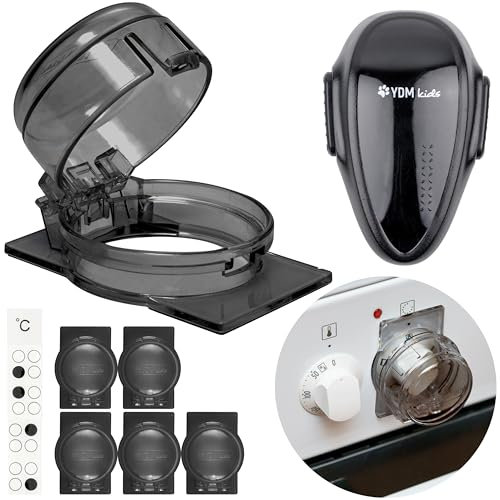 Kit de sécurité enfant pour cuisinière, 6 x cache-boutons, 1 x sécurité bébé pour porte de four en noir, pour max. Ø 4,9 cm et boutons de cuisinière de 4 cm de haut avec min. 6