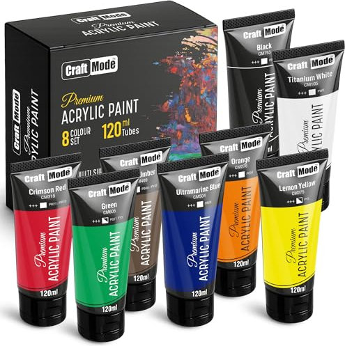 Craft Mode Acrylic paint set 8 120ml Perfect for Canvas, Wood, Ceramic, Rock, Fabric & Crafts. Non-Toxic, Quick Dry & Vibrant Colours. Rich Pigments, Lasting Qua