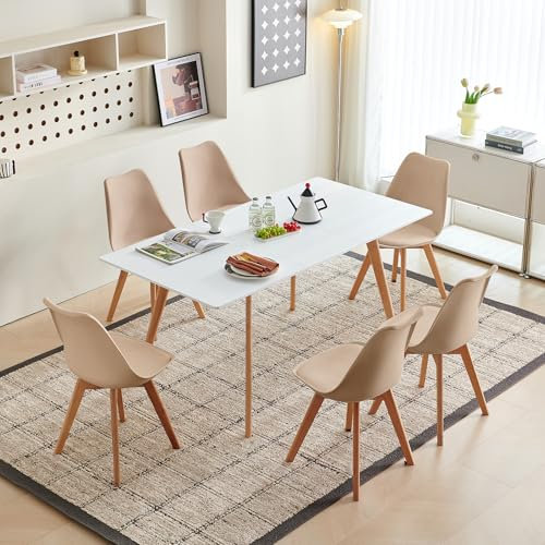 H.J WeDoo Esstisch Ausziehbar mit 6 Stühlen Esszimmergruppe, Rechteckig Küchentisch und 6er Set Esszimmerstühle Essgrupp für Wohnzimmer Küche Büro(120-160cm Weiß Tisch+6 Khaki Stühle)