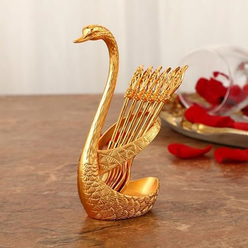 Urmagic Metal Coffee Dessert Spoon Set,Coffee Spoon Set with Swan Holder, Durable Spoons Station Storage Organizer for Home Kitchen Restaurant Christmas Universal Gift (Gold)