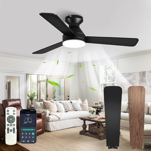 LXPWHR Deckenventilator mit Beleuchtung und Fernbedienung 107cm, Deckenventilator mit Licht Dimmbare LED, 3 Flügel, 6 Stufen, Leiser DC-Motor, Wendeflügel für Schlafzimmer und Wohnzimmer, Schwarz