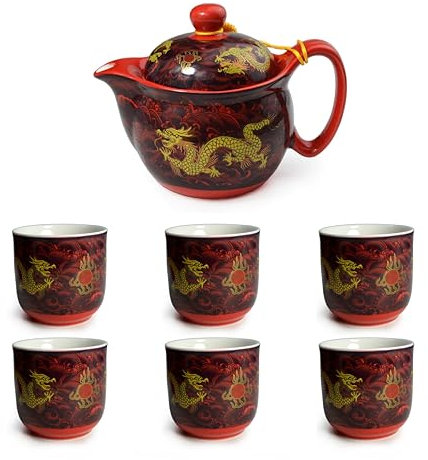 Teekanne aus Porzellan, 340 ml, Drachen-Edelstahl-Filtrations-Ei für losen Tee (rotes Set)