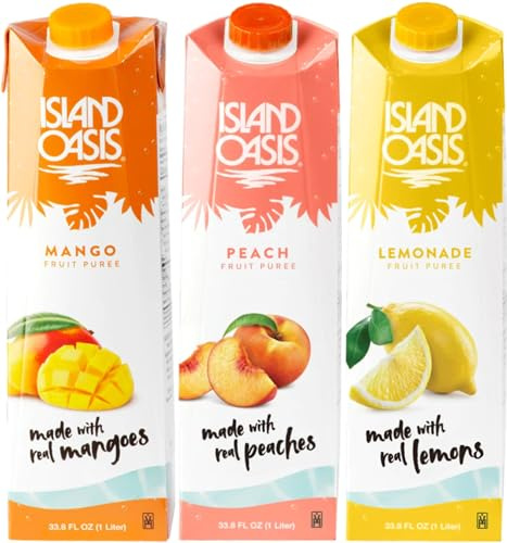 Island Oasis Drink Mix Variety, 1 of each: Mango, Peach, and Lemonade Fruit Puree Beverage Mix, 33.8 fl oz (1 Liter)