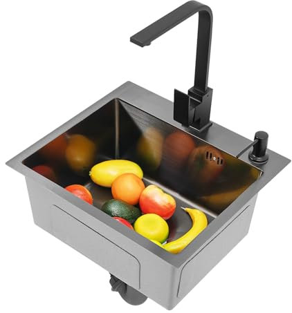 Fridgestea Fregadero de cocina de 40 x 45 cm de acero inoxidable nano con grifo giratorio 360°, color negro con dispensador de jabón/desagüe de 3 niveles, juego completo para montaje bajo encimera