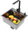 Fridgestea Fregadero de cocina de 40 x 45 cm de acero inoxidable nano con grifo giratorio 360°, color negro con dispensador de jabón/desagüe de 3 niveles, juego completo para montaje bajo encimera