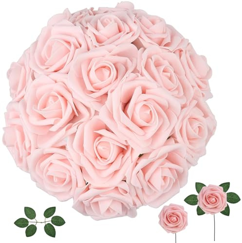 Noaxylic 25 Stück Künstliche Rosen Blumen Schaumrosen Rosenköpfe Gefälschte | Fake Rosen mit Stielen, DIY Hochzeit Blumensträuße, Deko Blumen, für Geburtstagsdeko, Hochzeitsdeko, Party Deko (Hellrosa)