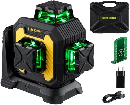 Firecore Nivel Láser Autonivelante 360° x 3, Láser Nivel de Construcción de Alta Precisión ±2 mm/10 m con Batería de Litio Recargable, Alcance de 60 m en Modo de Pulso, Ideal Para Uso en Interiores