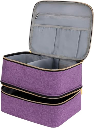 HPVERDALIVING Nail Polish Case & Nail Kit Storage Bag - Double Layer Organiser with Removable Trays for Nail Polish Bottles, UV Lamp, Portable Cosmetic Makeup Bag for Travel (Purple, for 30 Bottles)