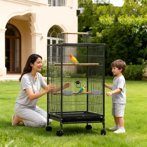 Hapihom Cage à oiseaux, 46 x 46 x 102 cm, grand format, avec toit de jeu, support à roulettes et plateau amovible, avec 3 perchoirs, mangeoires et abreuvoir pour perruches, canaris