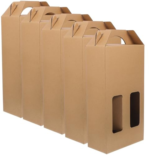 VICASKY 5Pcs Paper Wine Bottle Carrier Box with Handle Portable Rustic Paper Packaging for Wine Beer Whiskey Bottles Stable Storage Packaging for Birthday Wedding Anniversary