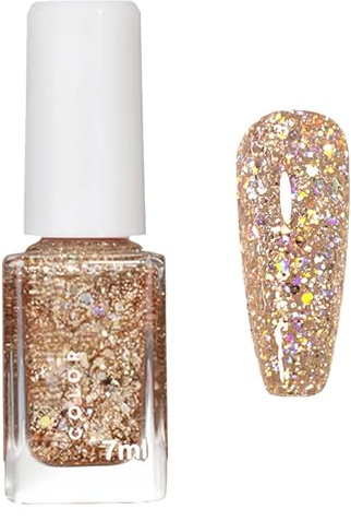 Gold Nail Polish & Glitter Nail Polish - Sparkly Flash Shinny Manicure Varnish with Holographic Sequins, Quick Dry Long Lasting Diamond Shimmer No Need Cure Manicure Art