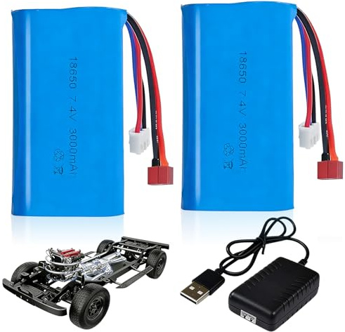 7.4V 3000mAh Li-Ion Akku, 2 Stück 7.4 V Li-ion Battery mit T Stecker und XH-3P Plug, UBS Ladekabel, Wiederaufladbare Battery, Li-Ionen-Akku, für RC Cars Boats Trucks, Roboter, Panzer, Buggys, Boote