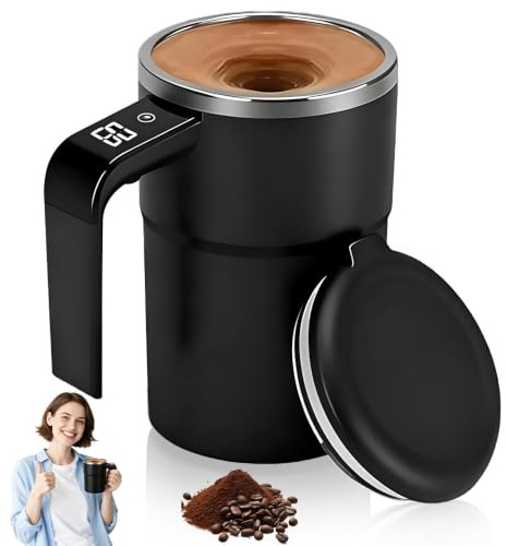BIZOI Self-Stirring Magnetic Coffee Cup with Temp Display, Automatic Stirring Cup with Lid, Rechargeable Smart Mugs for Hot Drinks, 380ml Magnetic Stirring Coffee Mug for Coffee Milk Cocoa (Black)