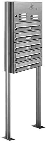 AL Briefkastensysteme 5er Edelstahl Standbriefkasten mit Klingel rostfrei als 5 Fach Briefkastenanlage in Postkasten Briefkasten Design modern