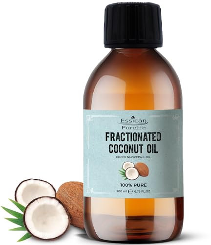 Essican Purelife, Pure Coconut Oil Liquid, 200ml MCT Fractionated Coconut Oil for Skin, Hair & Lip, Carrier Oils for Essential Oils Mixing & Massage, Supports Healthy Hair Growth & Hydrated Skin