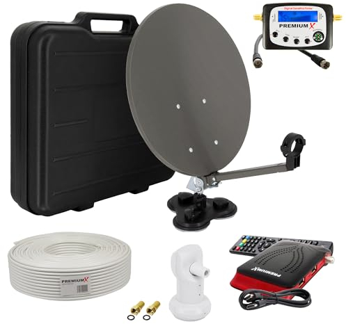 Premium X Camping Satelliten Anlage komplett Satellitenschüssel HD TV Receiver SAT-Finder Single LNB 10m Kabel F-Stecker im Koffer