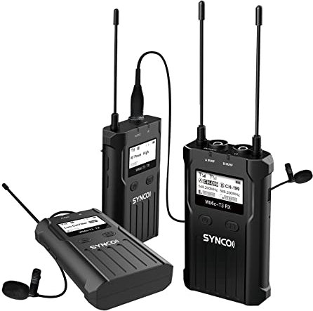 Wireless Lavalier Microphone, SYNCO T3 UHF Radio Lapel Microphones for Camera, Camcorder with 100 Channels, Real-time Audio Monitoring Low-Cut Mode, Suitable for Interview, Vlogging, Youtube Streaming