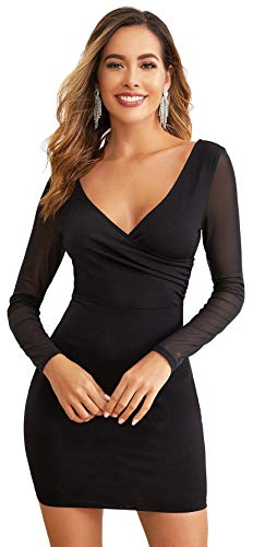 DIDK Damen Netz Ärmel Kleider Bodycon Tief V-Ausschnitt Bleistiftkleid Minikleid Sexy Mesh Partykleid Figurbetont Shortkleid Hohe Taille Langarmkleid Schwarz L