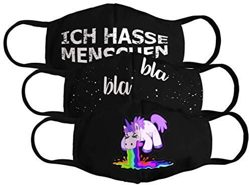 Maske wiederverwendbar aus Baumwolle -Stoffmaske waschbar für Erwachsene Baumwollmaske Motiv: Kotzendes Einhorn; Bla Bla Bla; Ich hasse Menschen (3 Stück)