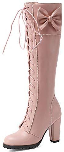 Cynllio, carino fiocco con lacci al ginocchio, stivali per cosplay da donna, con tacchi alti e tacchi alti Kawaii Lolita, stivali invernali lunghi con cerniera, Rosa (rosa), 38.5 EU