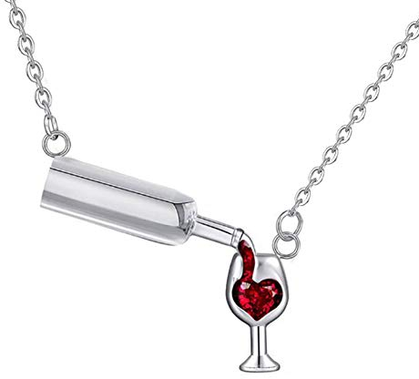 PAURO Donna Gioielli Collana con Ciondolo Y Acciaio Innox Bottiglia da Vino Forma di Coppa di Birra con Rubino Argento