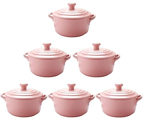 Hobby Tech Lot de 6 Mini Cocottes Roses Céramique Double Poignées avec Couvercle 13,5cm x 8cm Contenance Moule 200ml Ramequin Résistant Haute Température Four pour Petits Plats (Rose, Lot de 6)
