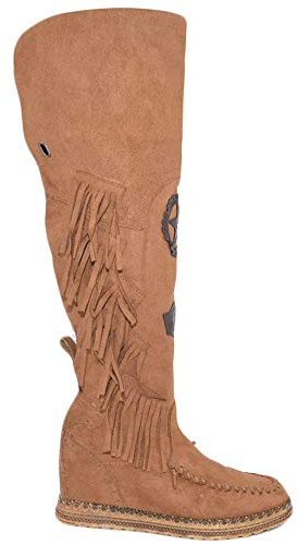 Stivali Donna Indianini Cuoio Scamosciati Alti sopra al Ginocchio Frange Zeppa Interna 5 cm Cinturino Fibbia Stemma Moda (36 EU)