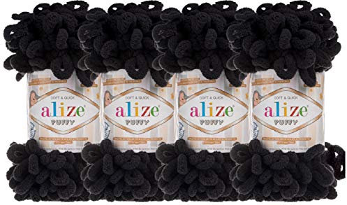 Alize Puffy Baby Big Loop-Deckengarn, 100 % Mikropolyester, weiches Garn, 400 g, 60 Stück, Schwarz