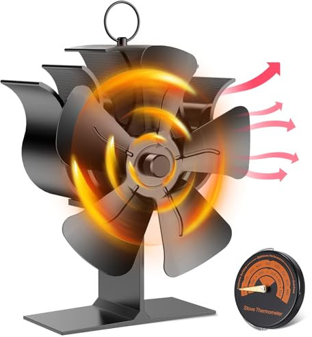 ONEVER Kaminventilator, 5 Blättern Ofenventilator Ohne Strom, Kamin Ventilator Mit Thermometer Leiser Betrieb
