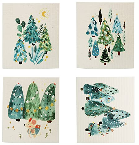 KABAKE Swedish Kitchen Dishcloths, 4 Pieces Reusable Sponge Cleaning Cloths, Kitchen Cloths Absorbent Dish Cloth Washable Kitchen Towels for Kitchen Cleaning (Christmas Trees)