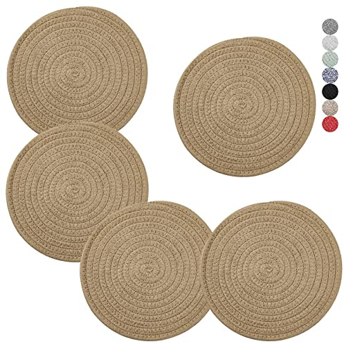 Trivets for Hot Dishes, Pots and Pans, 8 Inches Hot Pads 5 Pcs, Pot Holders for Kitchen, Heat Resistant Mat Protect Counter, Coasters Set Home Essentials Farmhouse Decor (Khaki)
