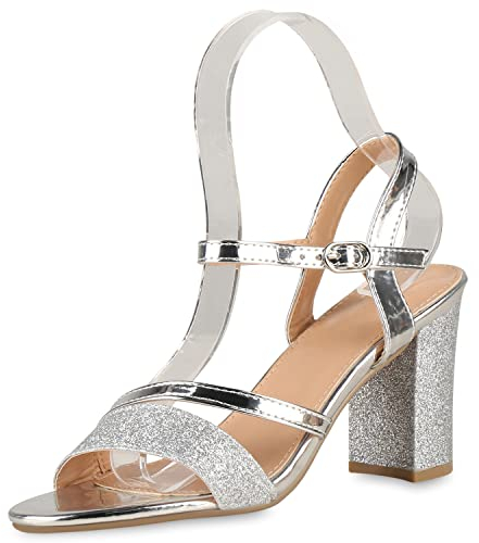 VAN HILL Damen Klassische Sandaletten Blockabsatz Schuhe Elegante Party Abendschuhe Glitzer Absatzschuhe 203049 Silber 37
