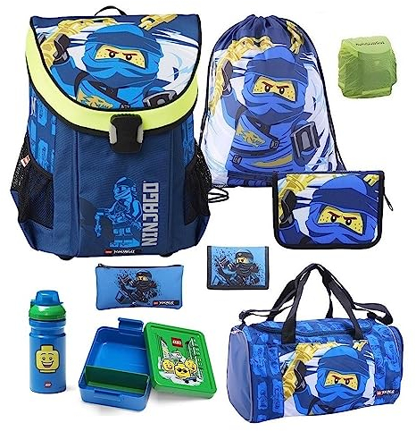 Familando Ninjago Schulranzen Set Jungen – Mit Sporttasche Dose Flasche – Ergonomisch Stabil 790g leicht 16L Volumen – Brustgurt Reflektoren Regenschutz – Komplettset 1. Klasse Grundschule