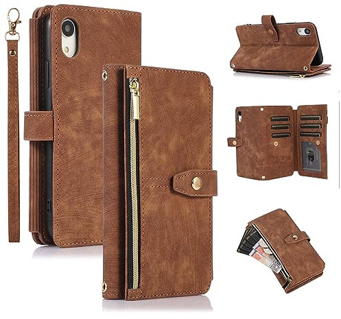 UEEBAI Case for iPhone XR, 9 Card Slots Retro Leather Wallet Shockproof Flip Cover with Hand Strap Card Slots Zipper Pocket Kickstand Handbag Magnetic Closure - Vintage Brown