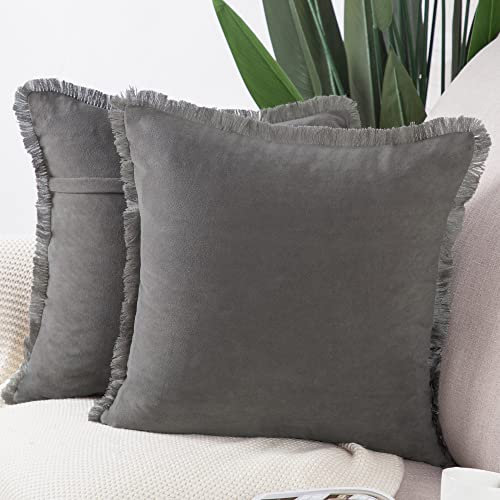 Madizz 2er Set Kissenbezügen aus Wildleder mit Fransenquasten Weiche dekorative Kissenbezüge für Sofa Schlafzimmer Kissenhülle Grau 50x50 cm Quadrat