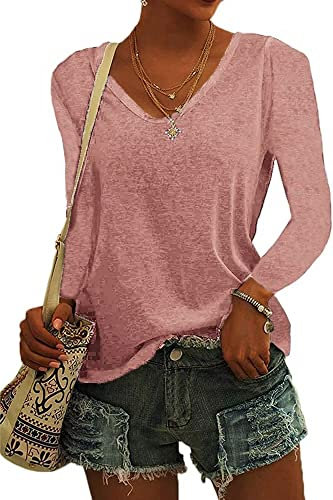 ASKSA Femme T-Shirt à Manches Longues Col en V Couleur Unie Tee Hauts Chemises Amples de Base Shirts (Rose,L)