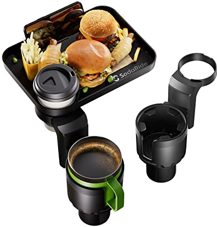 SodaRide Car Cup Holder Expander 2 Pack with Large Size Detachable Food Tray, Car Drink Holder Adapter with Solid Base - Fits Yeti, Hydro Flask, 32/40 oz, Road Trip Essential Car Travel Accessories
