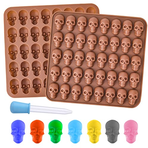TOYMIS Moldes de Silicona para Caramelos, Paquete de 2 con 80 Cavidades Moldes de Silicona Halloween Molde de Silicona Calavera Chocolate con 1 Cuentagotas para Chocolate, Gelatina, Caramelo
