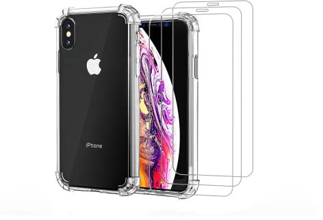 XLKTech Funda Compatible con iPhone X,XS con 3 Pack Cristal Templado, Carcasa Silicona TPU Bumper Airbag Anti-Choque, Transparente
