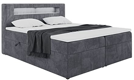 MEBLINI Boxspringbett mit Bettkasten - Bett mit LED Kopfteil - Gepolstert Doppelbett mit Matratze und Topper - Polsterbett mit Stauraum - Stauraumbett - ASPIN - 160x200 - H4/Dunkelgrau Samt