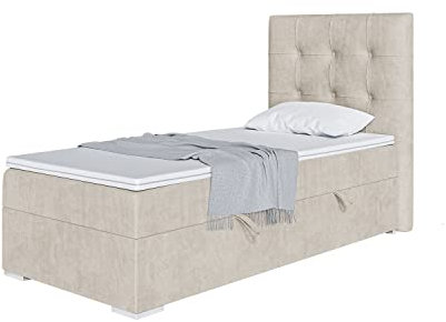 MEBLINI Boxspringbett mit Bettkasten - Gepolstert Einzelbett mit Matratze und Topper - Polsterbett mit Stauraum - Bett mit Kopfteil - Stauraumbett - Deniz - 90x200 Links - H3/Creme Samt