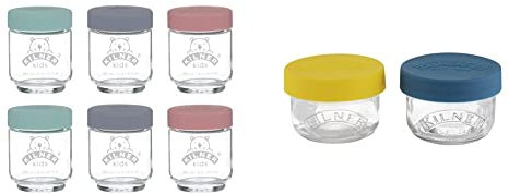 Kilner Kids Set of 6 190 ML Glass Jars, Grey,purple & Set of 2 Glass Snack and Store Pots 125 ml with Push Top Silicone Lids