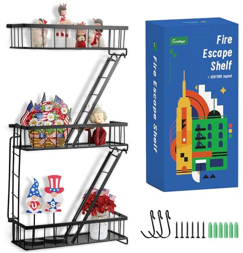 SweetSage Fire Escape Wall Shelf - New York Decorative Ladder Shelf, Wall Art Floating Shelf Black Metal Shelves for Bedroom, Home Office Storage and Display (3-Tier)