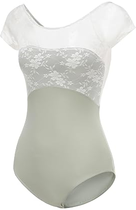 ModLatBal Damen Basic Kurzarm Trikot für Ballett Tanz Gymnastik, Grün/Spitze, XS