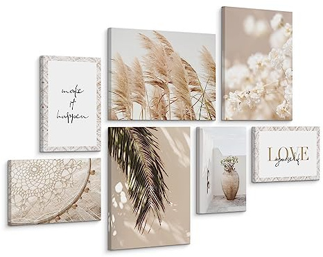 Muralo Wandbilder 7er-Set, Boho, Beige - 3x 30x40 + 4x 20x30 cm | Leinwandbild, Modernes Design, Aufhängefertig, UV-beständig - ideal für Wohnzimmer, Ein echter Hingucker in jedem Zuhause
