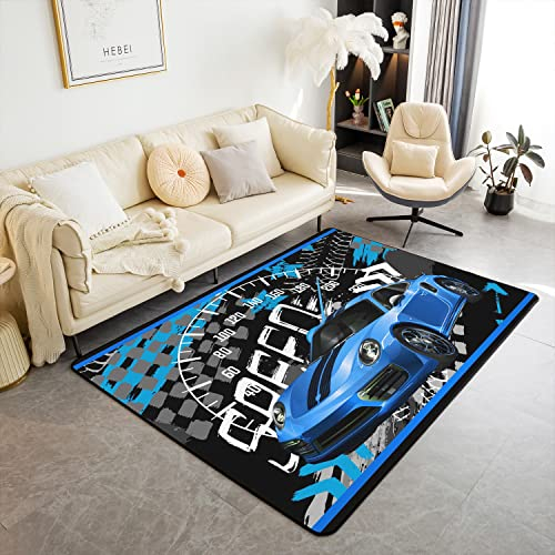Loussiesd Speed Sportwagen Area Teppich 150x200cm Rennauto Wohnzimmer Teppiche Extreme Sport Dekorative Teppich Automobil Innenbodenmatte Blau Schwarz Küchenteppich Teppich Wetterfest rutschfest