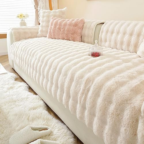 JUNLEBUYI Sofabezug 4/3/2/1 Sitzer L/U Form/Ecksofa Sofa überwurfdecke, Kunstfell Kaninchen Plüsch Couch Bezüge rutschfest Sofaschutz Decke Hund Kratzschutz Katze (110 * 160cm,Weiss)
