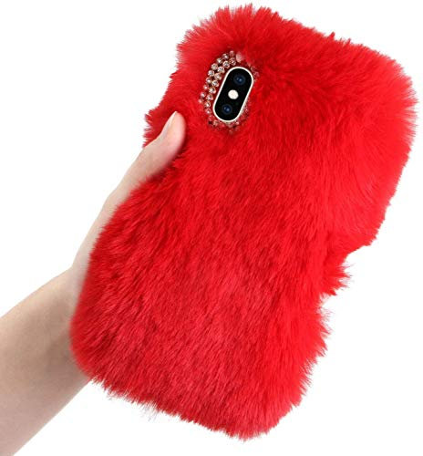 LCHDA Coque Peluche pour iPhone 15 6.1, Mignon Faux Lapin Fourrure Hiver Chaud Flou Souple Poilu Doux TPU Silicone Pare-Chocs Anti-Choc Anti-Chute Housse Étui de Protection-Rouge